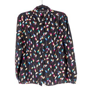 James Kenrob Dalton VTG Blouse 12 Button Up Black Floral Satin Colorful Tulips